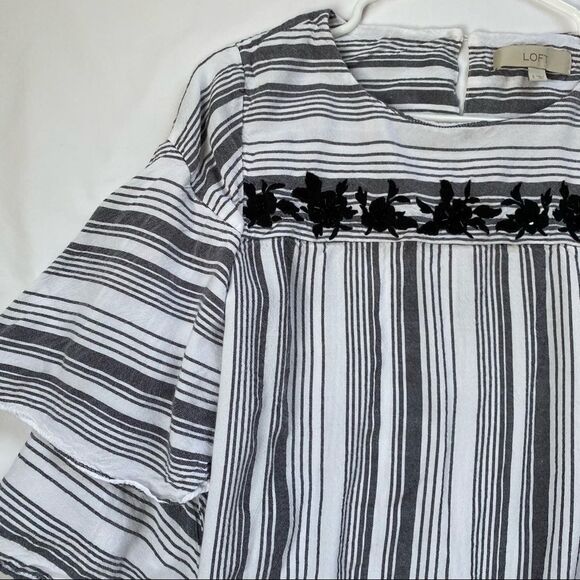 LOFT White Gray Stripe Blouse Ruffle Bell Sleeve Black Floral Decal Embroidery - Picture 2 of 2
